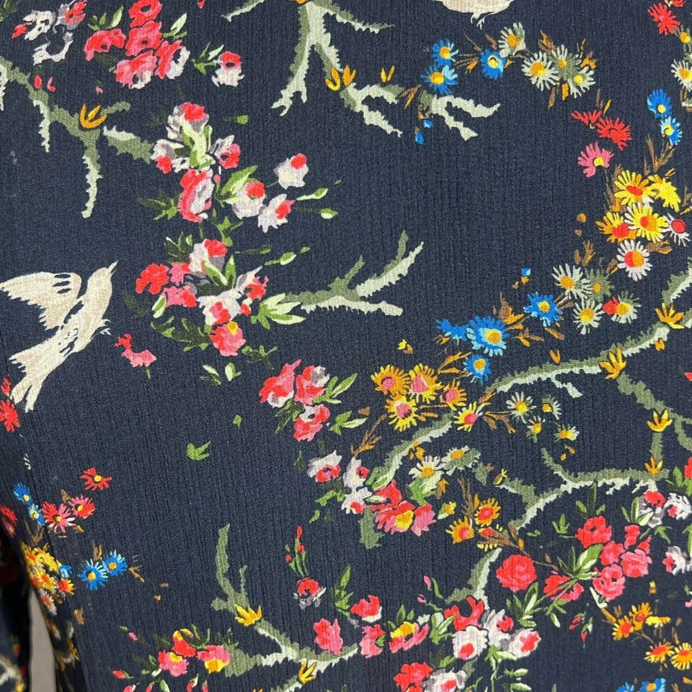 The Kooples Navy Blue Bird Print Silk Chiffon Dress Size Medium Ruffle Mini - Picture 11 of 16